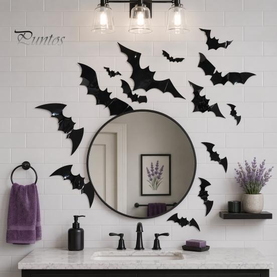 Halloween Party Wall Decor 12Pcs Bats Decals, 3D Bat Stickers for Home Decor, Hanging Decorations 4 Size Waterproof Black Spooky Bedroom Living