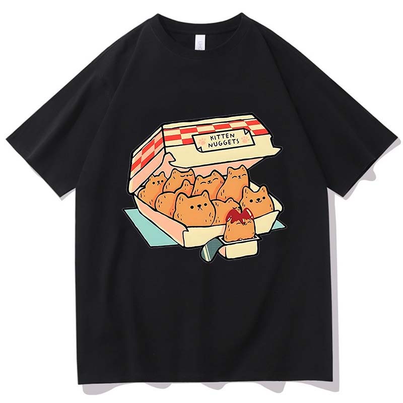 Kocięce Nuggets Radosne Koszulki Damskie Kawaii/urocze Koszulki High Street 100% Bawełna T-shirty Kocie Ciastka Sos do Maczania Krótki Rękaw