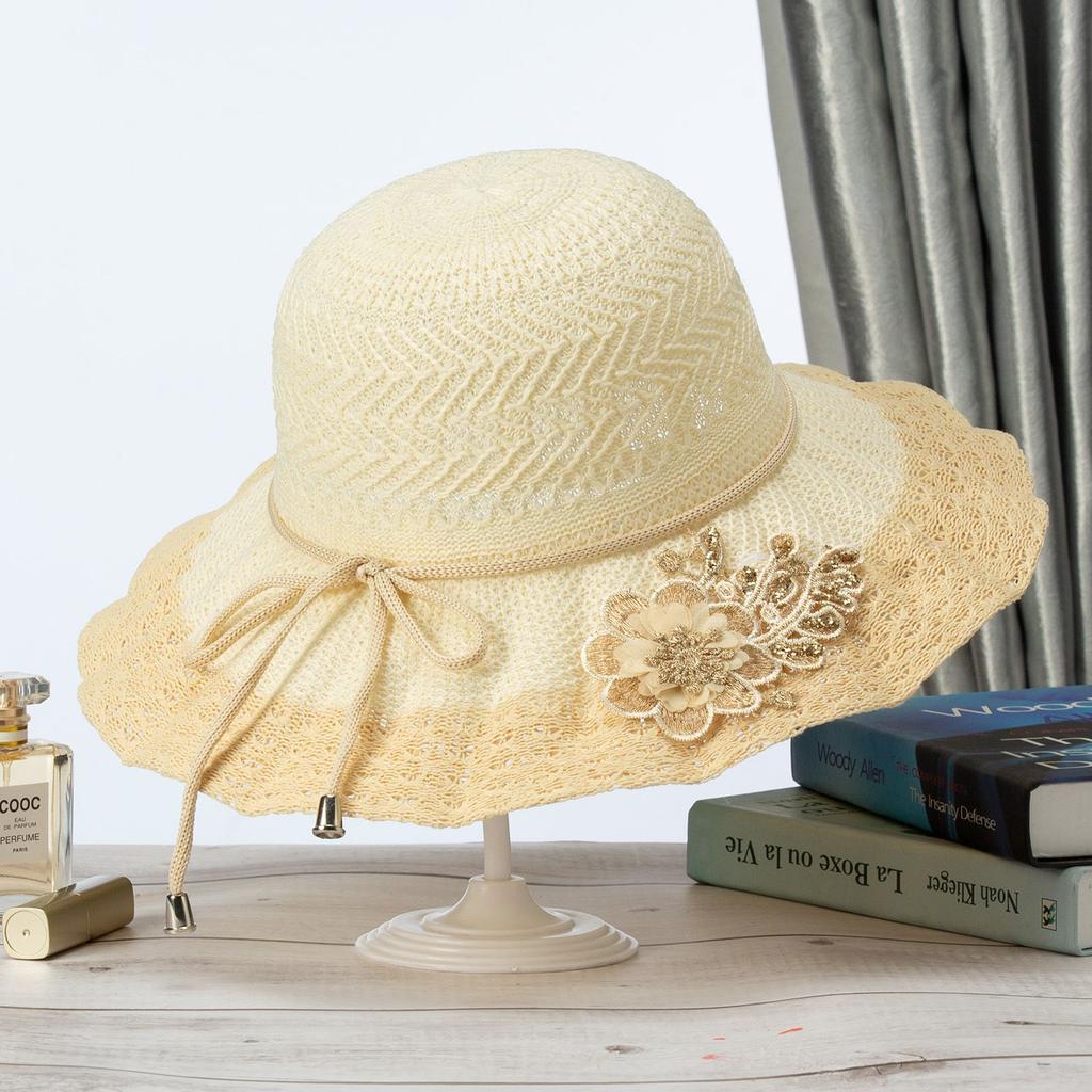 Foldable Women's Summer Hat, Beach Hat, Outdoor Grass Hat for Beach Travel, Sun Shading and Sun Protection, Bow Shaped Sun Hat