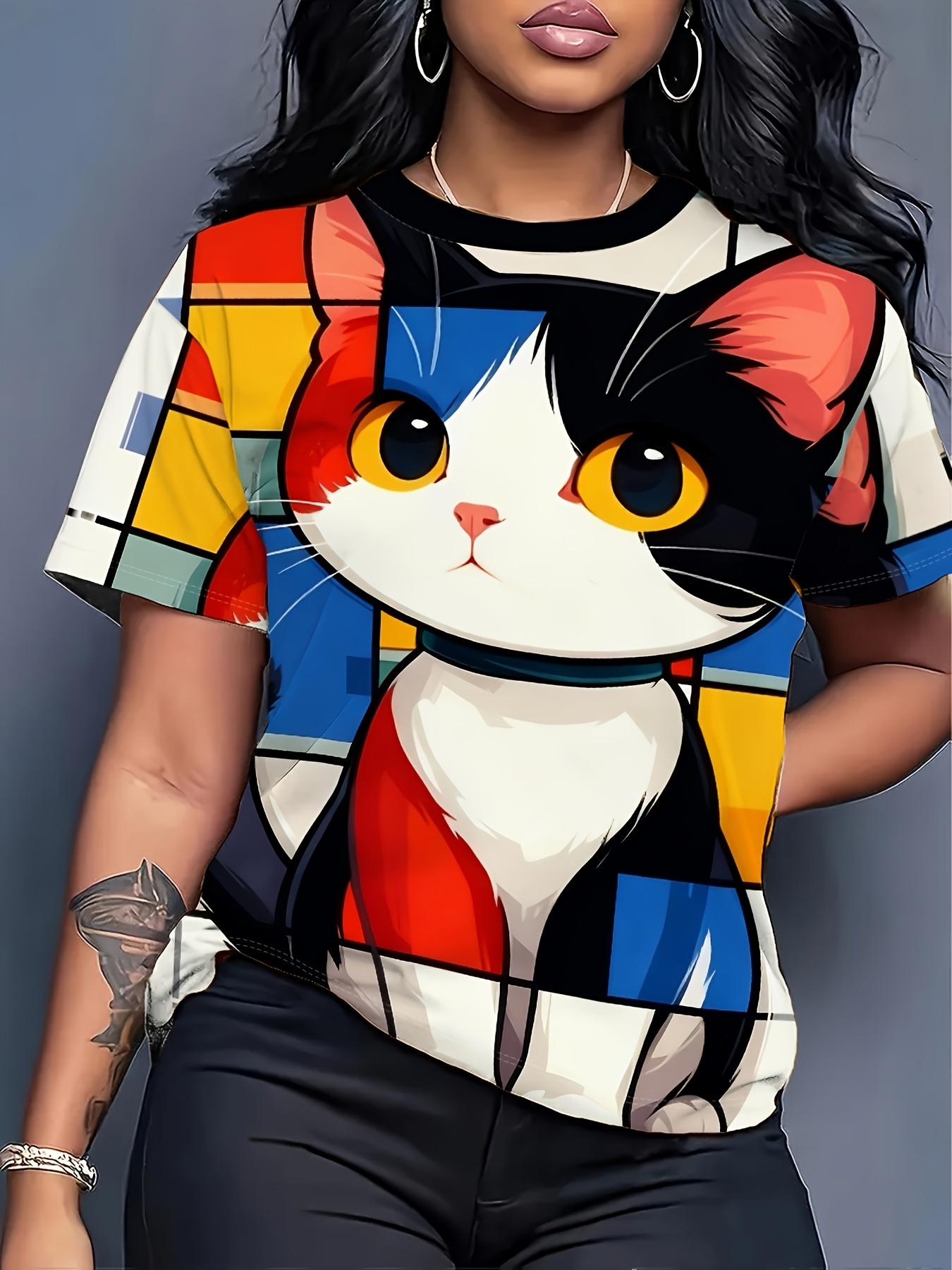 A T-Shirt Featuring a Cartoon Tabby Cat in The Style of Mondrian. Showcasing a Vibrant Geometric Color Block Design. This Loose-Fitting Streetwear Pie M дубильная кора