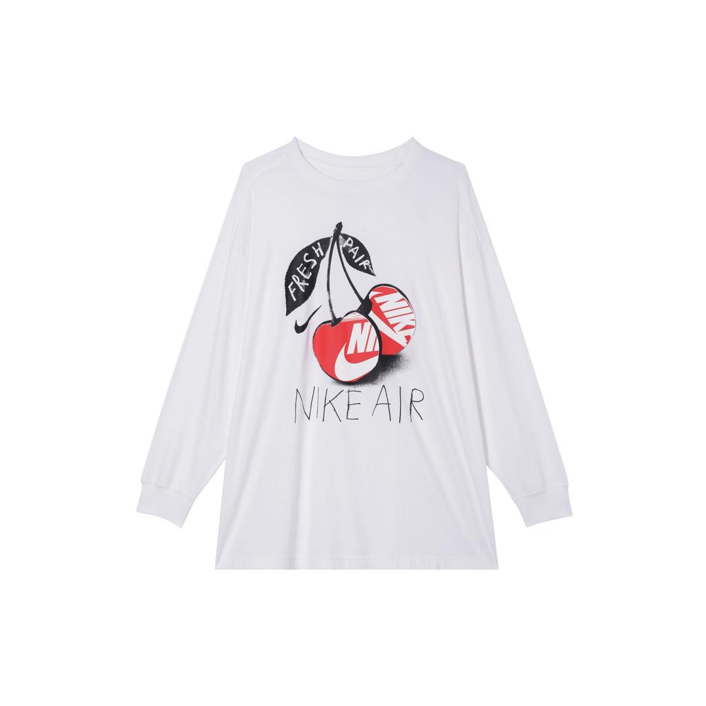 Nike Sportswear Cherry Letter Print Vintage Loose Casual Long Sleeve Drop Shoulder T-Shirt Women Tops White FD2567-100