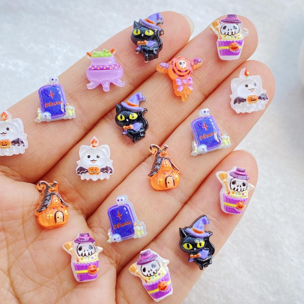 50Pcs Mini Cartoon Halloween Black Cat, Bat, Ghost, Skull Nail Art Resin Charms DIY Craft For Nail 3D Decorations Jewelry