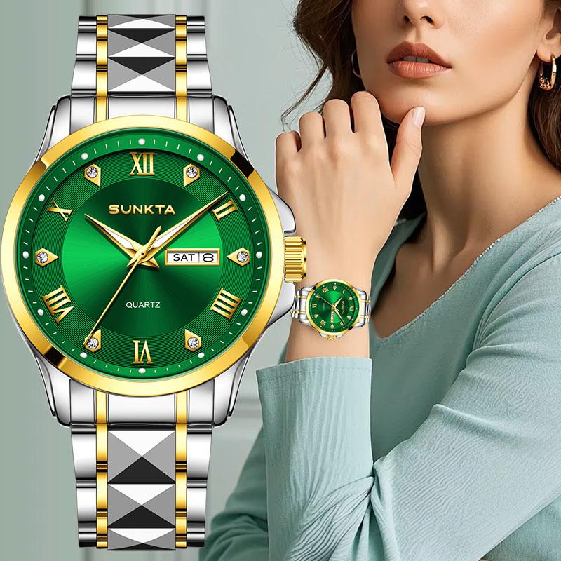 SUNKTA Damen-Quarz-Armbanduhr Elegant Mode Wasserdicht Leuchtende Uhr Für Damen Kreatives Grünes Diamant-Zifferblatt Damenuhren