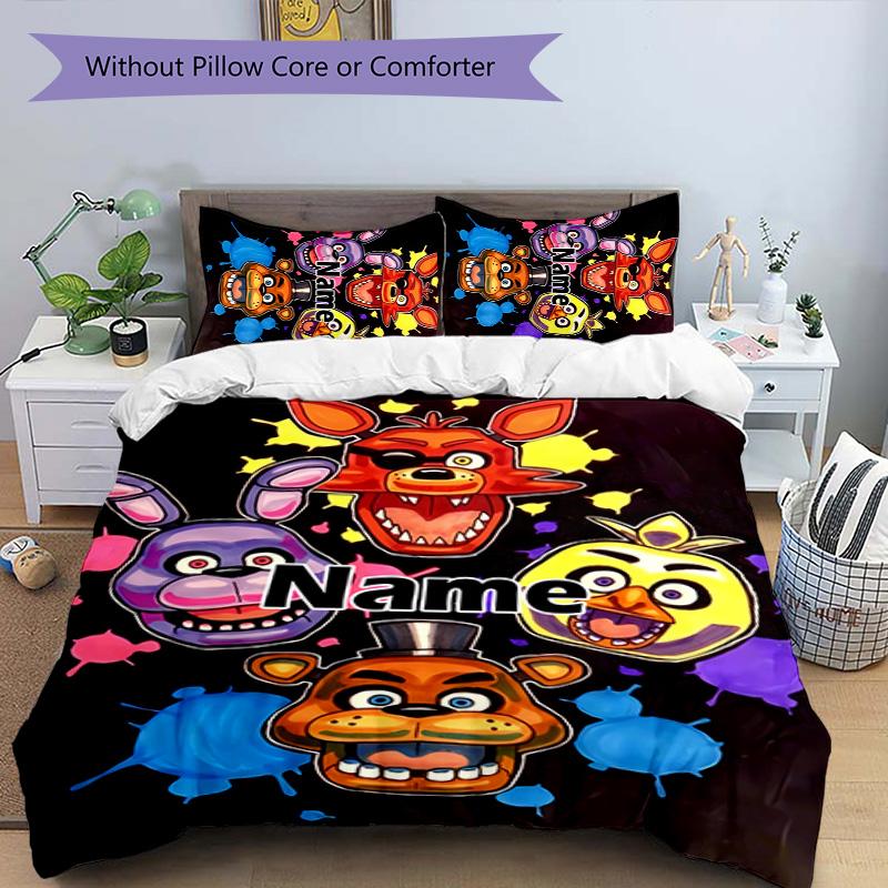 3pcs Freddy Bear2 Cover Set - Personalized Name, HD Printed Bedding with 1 Cover and 2 Pillowcases - Perfect for Home Decor, Easy Care
