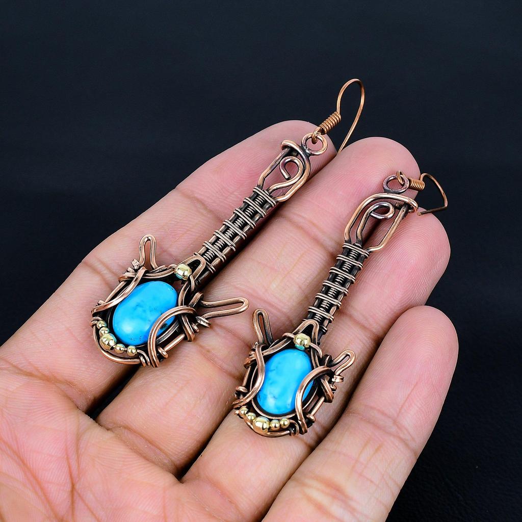Sleeping Beauty Turquoise Earrings, 999 Copper Wire Wrapped Gemstone Jewelry, Handmade Earrings, For Thanksgiving