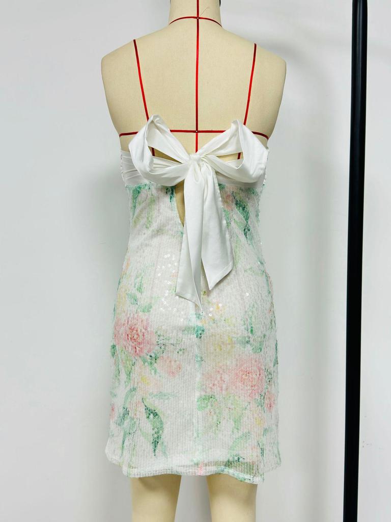 New Floral Lace-up Bandeau Bowknot Dress for Women