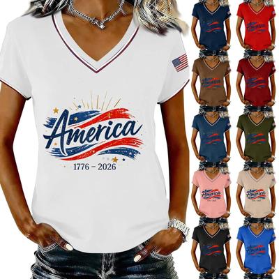 Women’s Casual V Neck Short Sleeve Pullover T Shirt with America Print 1776 2026 Letter Graphic Top for Daily Wear