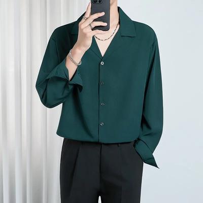 Moda Masculina Primavera Verão 2026 Camisa Masculina Casual Solta Top Masculino Camisas Estilo Hong Kong Masculino Cor Sólida Camisas de Manga Longa Coreanas