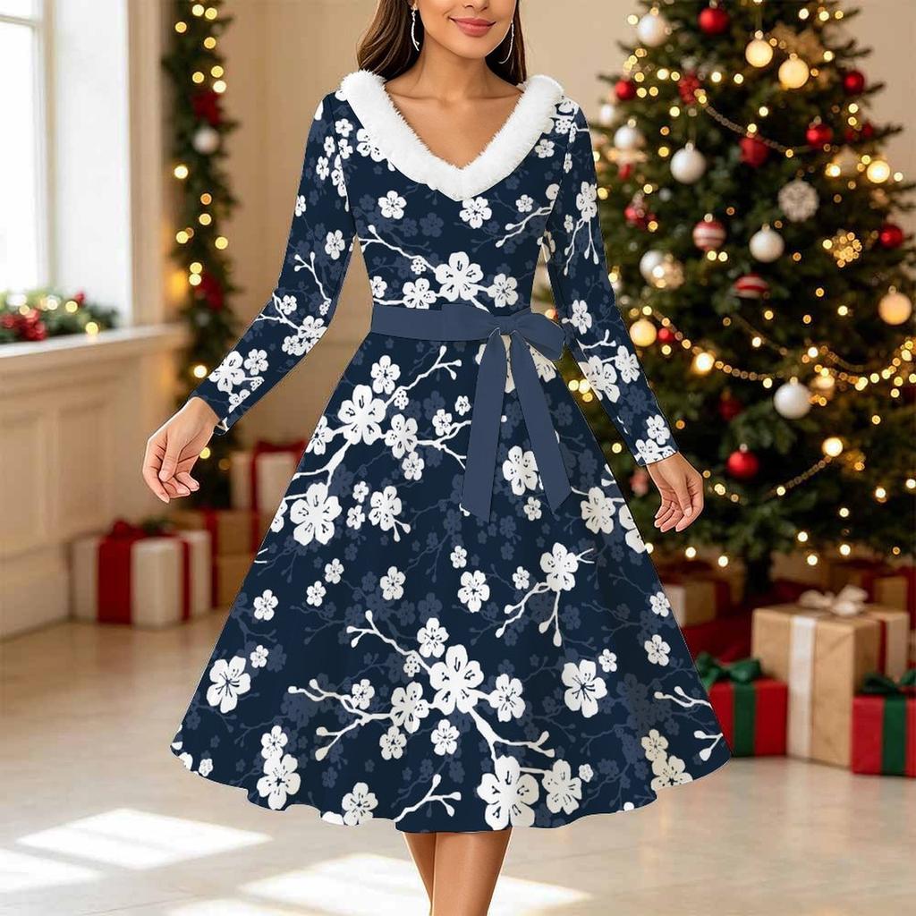 Women Floral Print Midi Dress, Long Sleeve V‑Neck Furry Trim A‑Line Party Dress, Christmas Limited Edition