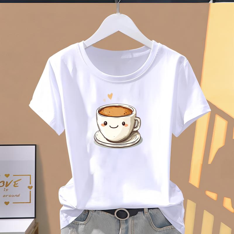 Women's summer T-shirt, cute and fashionable printed pattern, short-sleeve trendy top.