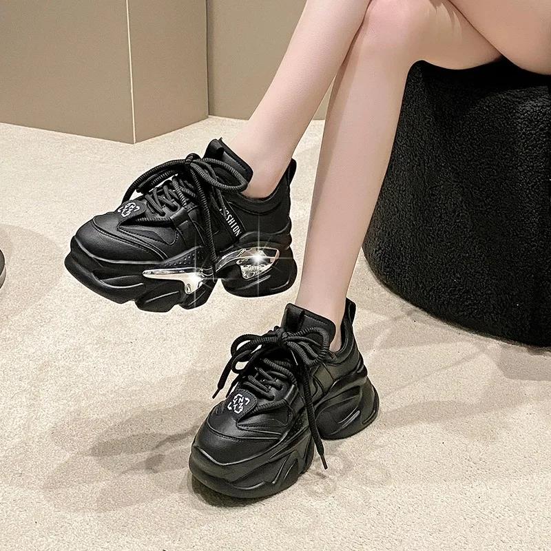 Fashion Top Quality Women Genuine Leather Sneakers Autumn Lace Up 6CM Platform Shoes Thick Sole Sport Walking Chunky Shoes Woman Spring