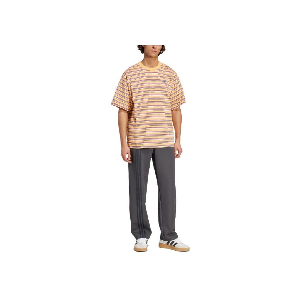 Adidas Originals Stripe T-Shirt Fashion Versatile Round Neck Short Sleeve Men Tops Yellow Pink Detective-Green KB8356