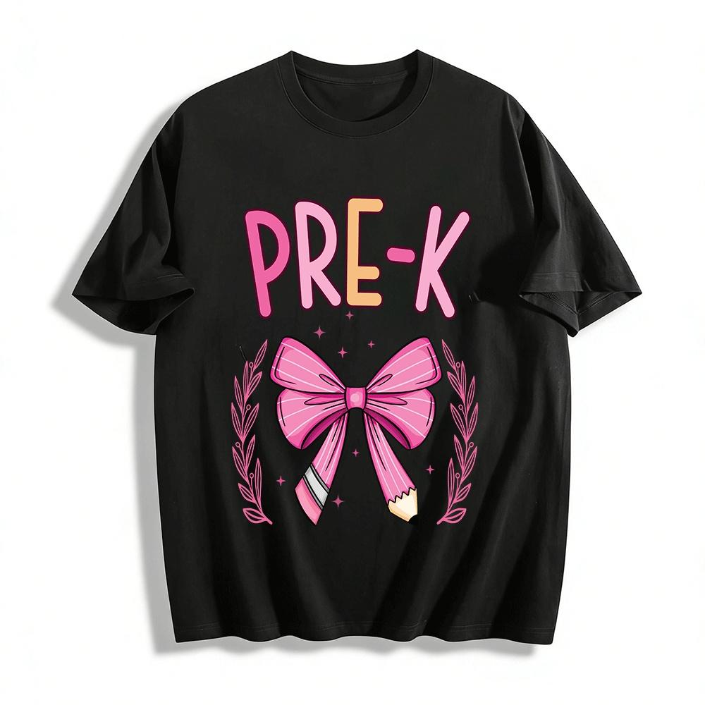 Pre-K Pink Bow Pencil Print Kids Back To School Casual Tee Pure cotton T-shirt XXS