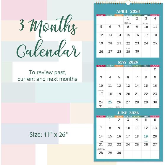 2026 Wall Calendar - 3 Month Wall Calendar 2026, Jan 2026 - Dec 2026, 11.25" X 26", 3 Month Calendar 2026, 3 Month Vertical Calendar with Thick Paper