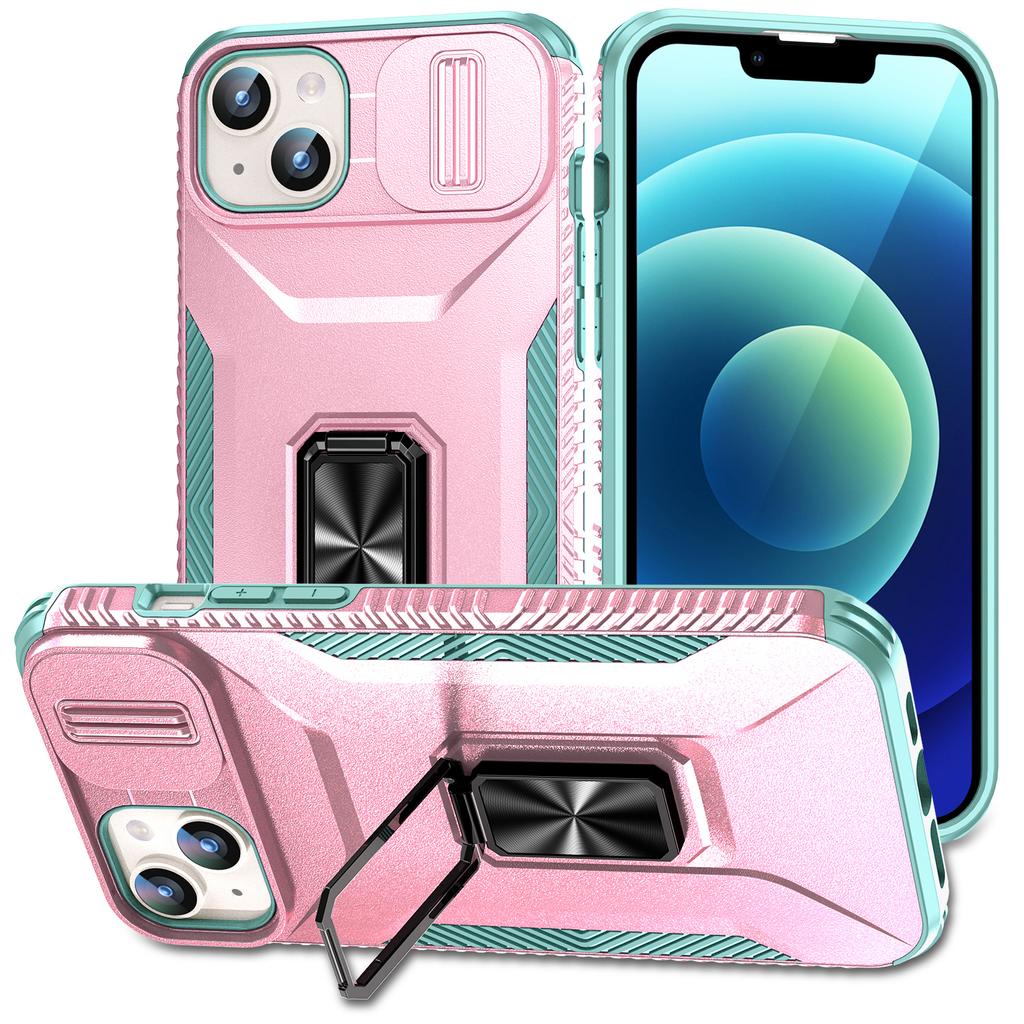 For iPhone 15 Plus/14 Plus Case Camshield Kickstand TPU+PC Anti-Slip Phone Cover