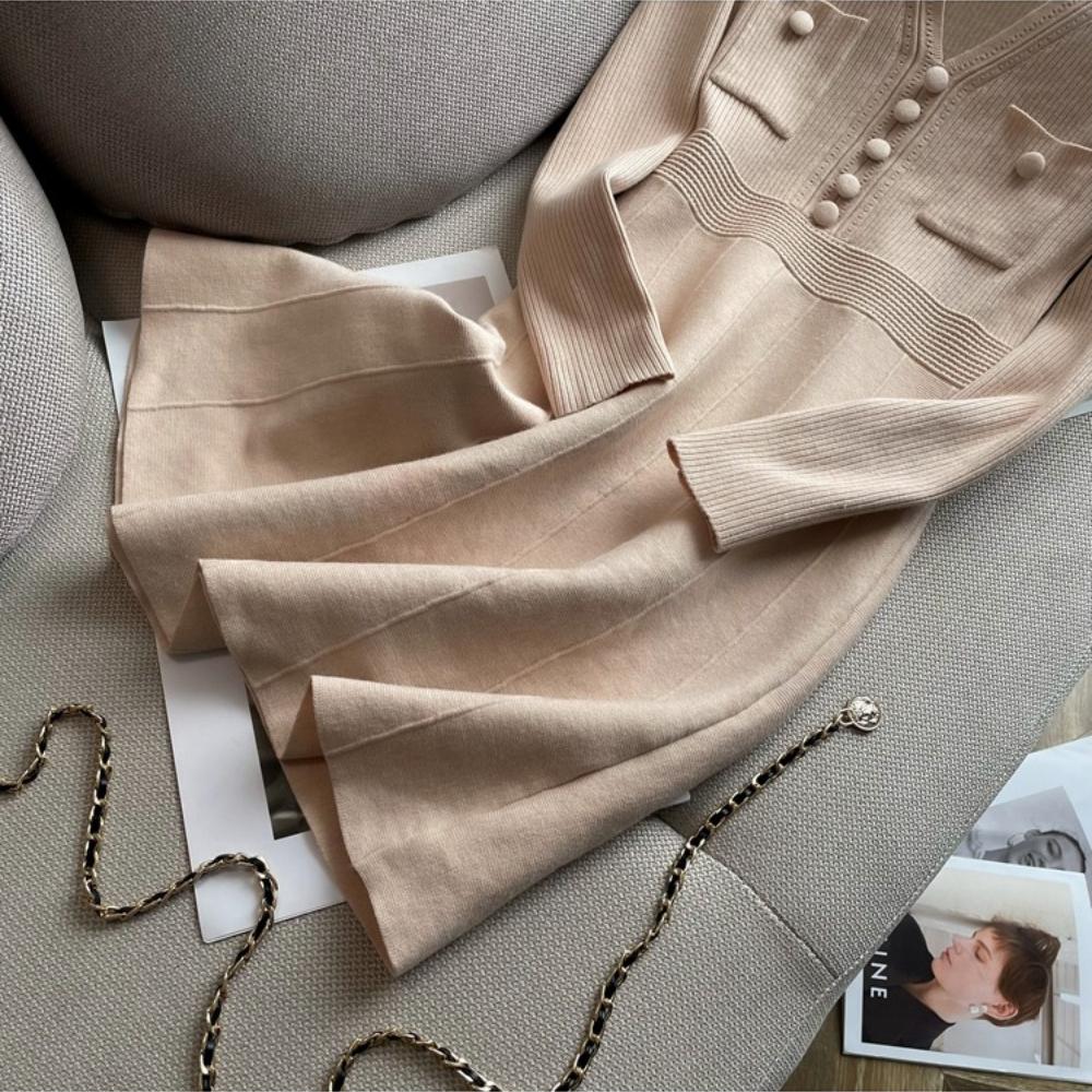 Autumn Winter V-neck Long-Sleeve Knit Dress for Women Elegant Solid Double Pockets Vertical Stripes A-Line Short Sweater Dress