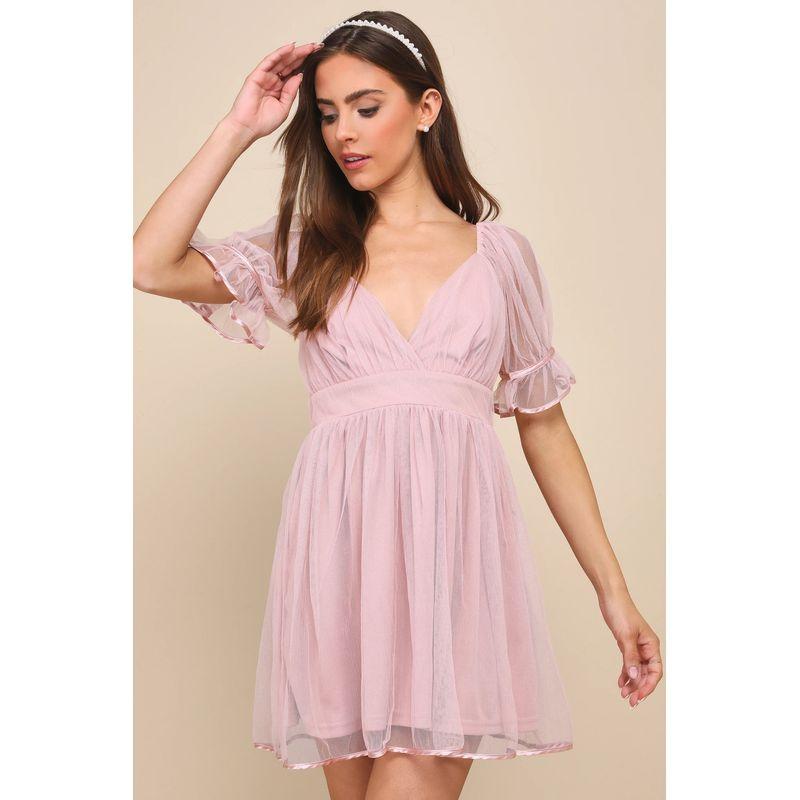 

Export Single Lu Home Mesh V-neck Short Sleeve Large Swing Dress Annual Meeting Birthday Party Pink Young Adult Dinner Suit Pink M