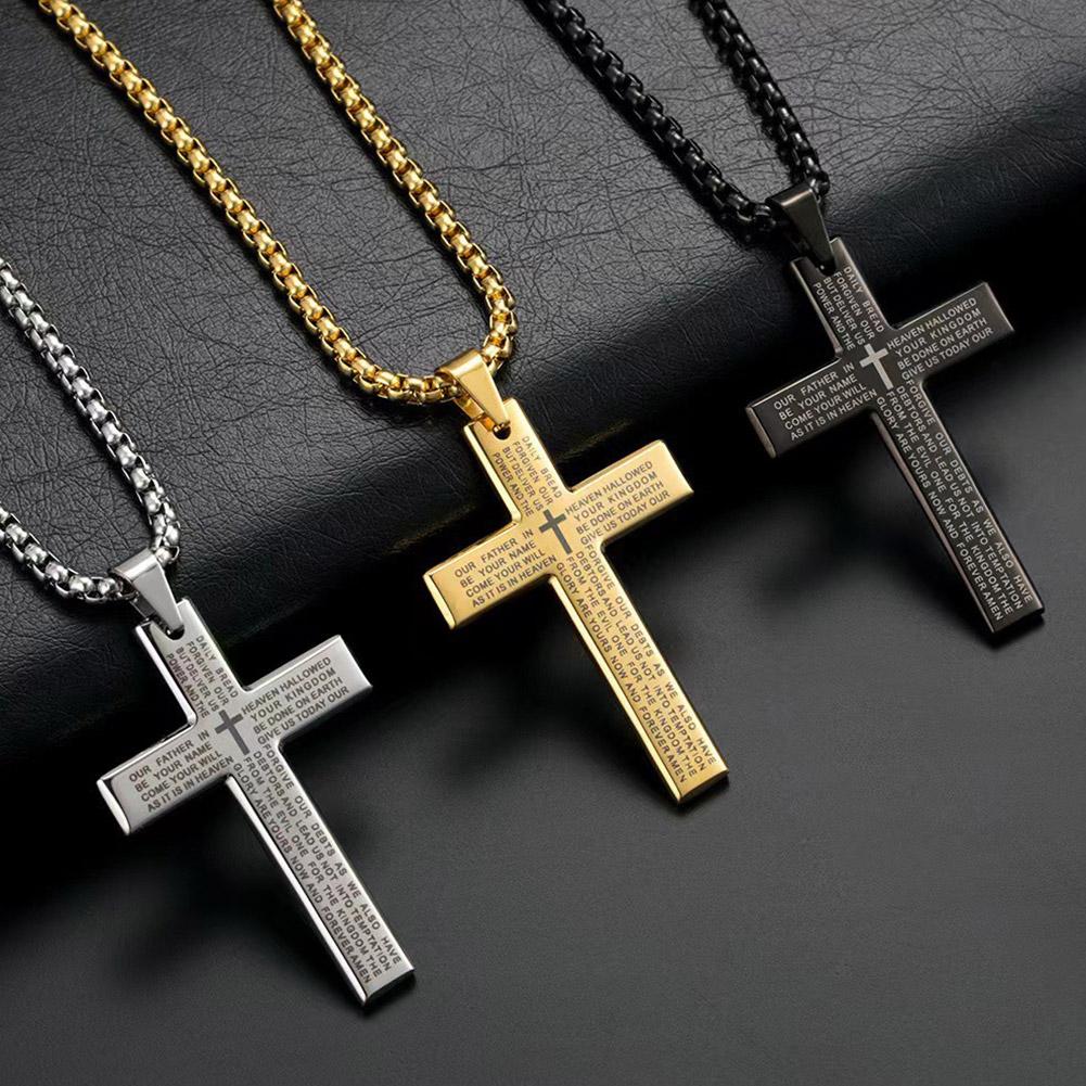Christian Bible Cross Necklace Stainless Steel Big Pendant Men's Religious Prayer Jewelry Adjustable Chain Anti-Tarnish Durable