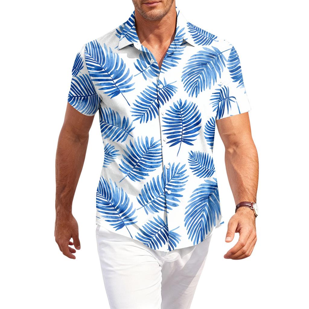 Men's Casual Loose Fit Short Sleeve Shirt Button Down Palm Leaf Print Lightweight Summer Beachwear Shirt