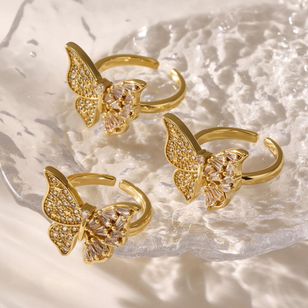 Nivora Stereoscopic Zircon Butterfly Open Rings For Women Girls PVD Gold Plated Copper Engagement Index Finger Wedding Zircon