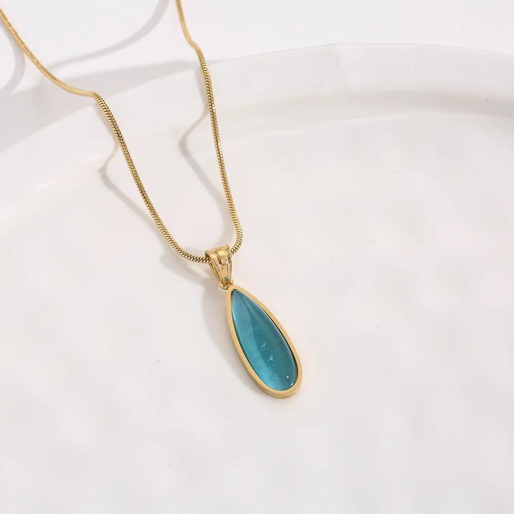 

Exquisite Trendy Oval Blue Opal Stone Pendant Necklace for Women Charm Gold Color Stainless Steel Collar Jewelry Gift Colorfast золотой