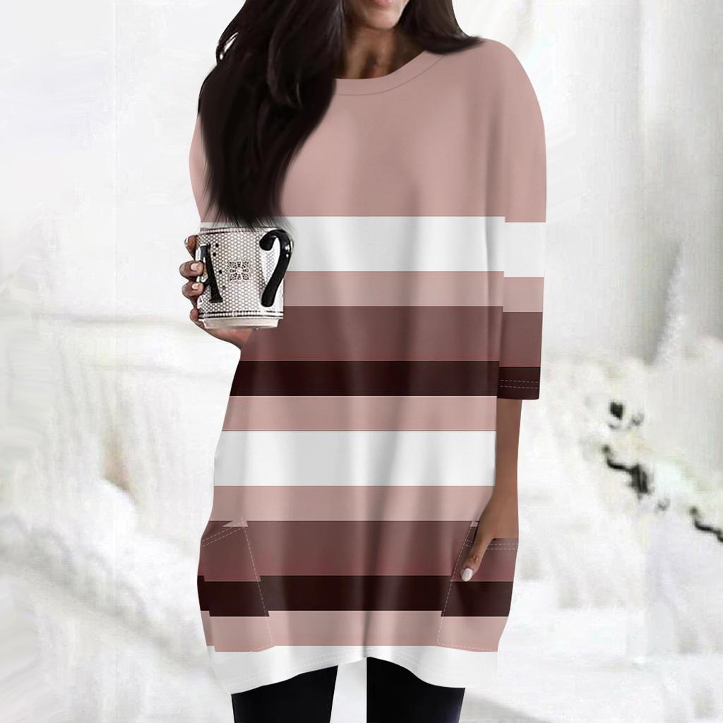 Damenmode Lässig 3/4 Ärmel Print Rundhals Doppelpattentasche T-Shirt Top