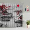Asian Japanese Shower Curtain Cherry Blossom Red Sun Grey Misty Mountains Chinese Christmas New Year Traditional Ink Plum Blossom Bathroom Curtains