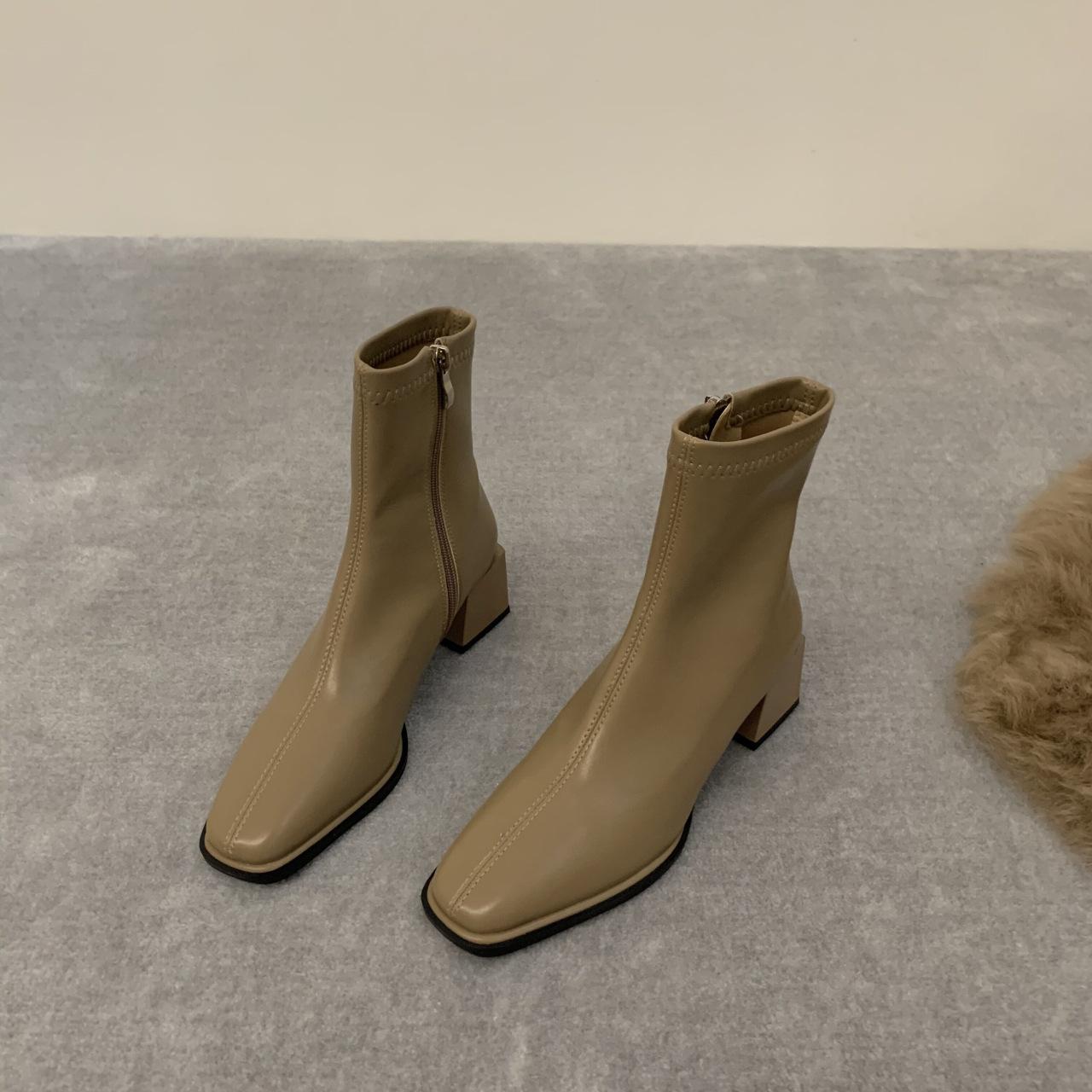 

High Heel Square Head Elastic Skinny French Small Boots Women s Shoes 2025 New Autumn and Winter Brown Martin Boots Single Boots 39