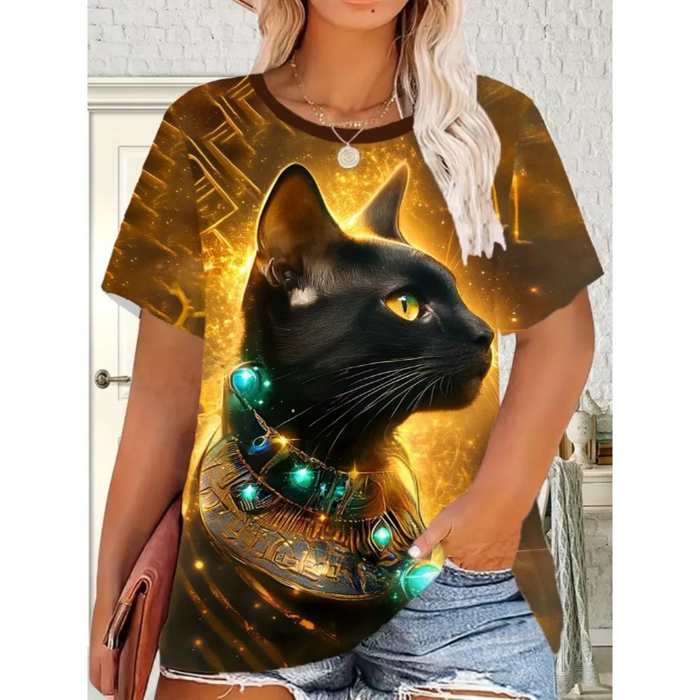 Ladies Fashionable Comfortable Printed Animal T-shirt Interesting Animal Cat Patterns Loose Breathable Large Size Short Sleeved T-shirt