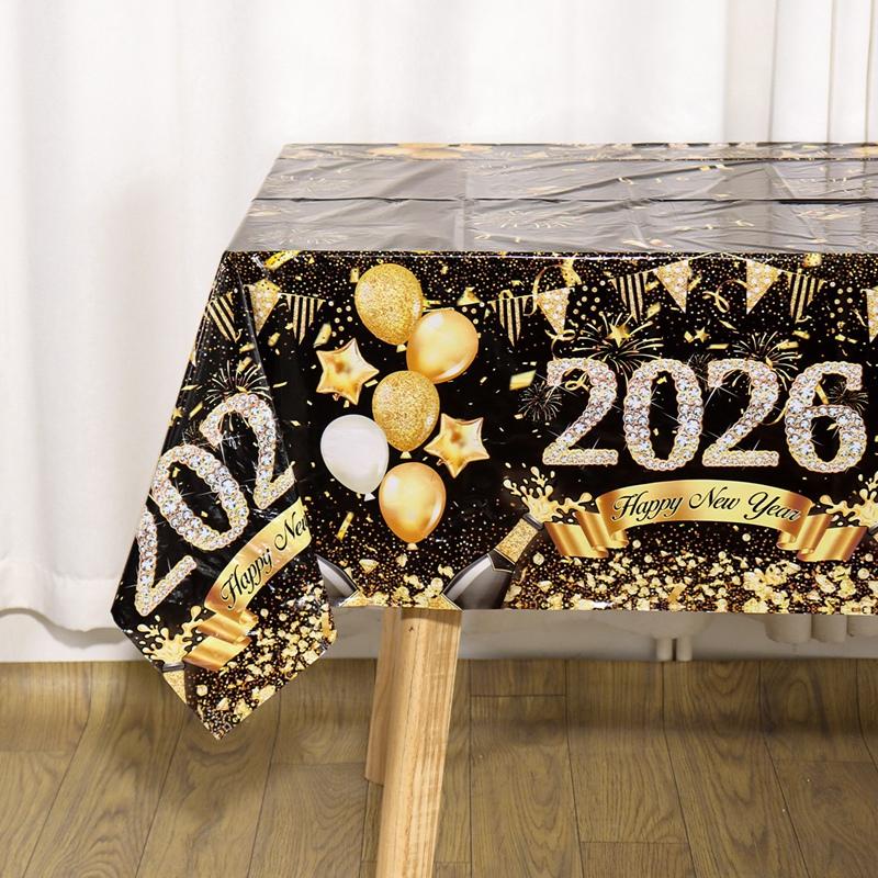 Black Gold New Year Disposable Tablecloth Happy New Year Party Decorations for Home 2026 Kitchen Dinning Plastic Table Cover