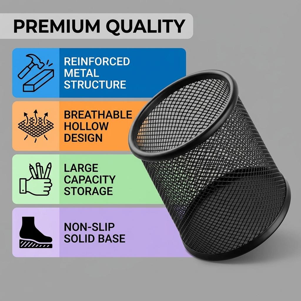 Black Metal Small Pen Holder, Compact Desk Pencil Cup, Square Space-Saving Organizer for Office Home