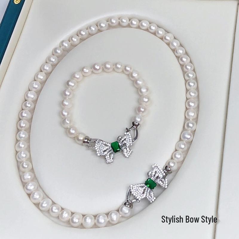 Versatile Women's Freshwater Pearl Necklace Bracelet Set