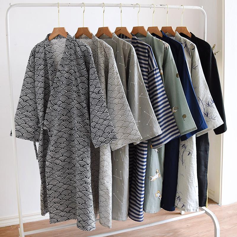 Accappatoio in garza di cotone in stile giapponese da uomo, di grandi dimensioni, kimono, camicia da notte, primavera ed estate, pigiama sottile, yukata con lacci, felpa