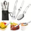 Stainless Steel Camping Tableware Set Of 3 With Folding Spoon Fork Knife And Storage Bag, Outdoor Camping Portable Tableware