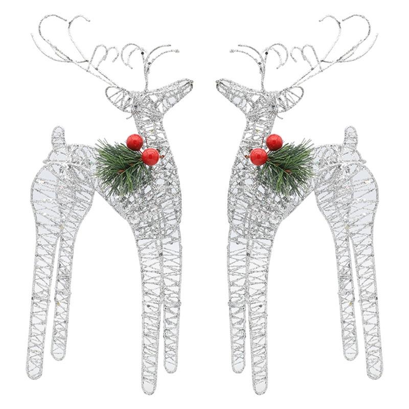 Christmas Wrought Iron Elk Ornament 1 Pair Red Berry Pine Needles Glitter Sequins for Home Decor Bedroom Living Room Decor