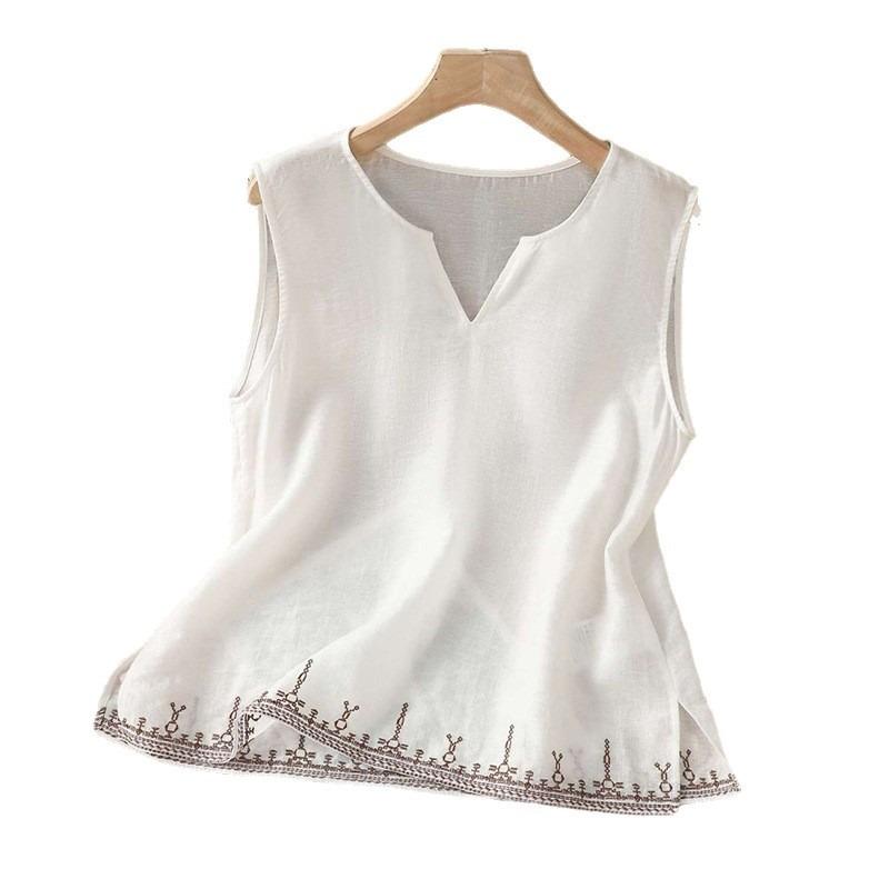 Women White Linen Blend Notch Neck Sleeveless Tank Top Hem Ethnic Embroidery Loose Casual Vest