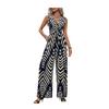 Women's Sleeveless Printed High Waist Wide Leg Jumpsuit with Tie Belt