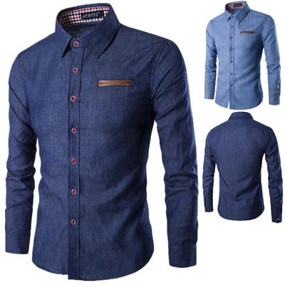 Herren Freizeithemd für Frühling und Herbst, Tasche Leder Baumwolle Slim-fit Langarmhemd, Jeanshemd Herren