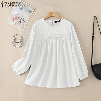 Women Casual Round Neck Long Sleeve Lace Patchwork Blouse