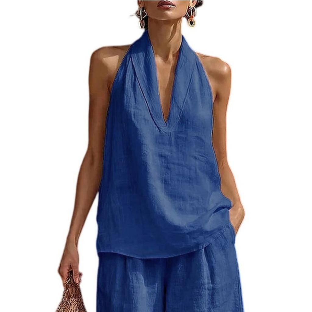 Dameslosse Pasvorm V-hals Halterhals Mouwloos Effen Kleur Katoen Linnen Tanktop Zomer Casual Blouse