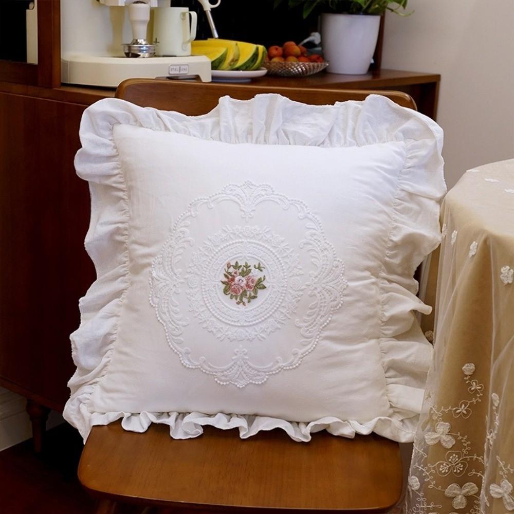 New Embroidered Pillow Cover French Lace Washable Cushion Cover Comfortable with Lotus Frill Soft Pillowcase