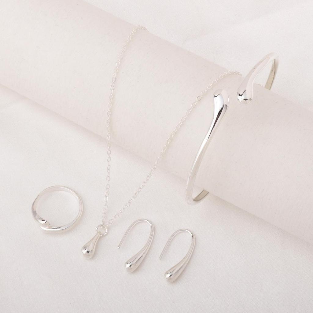 Angel's Tear Jewelry Set: Water Drop Pendant Necklace, Openable Bracelet, Earrings, and Ring - Four-Piece Collection