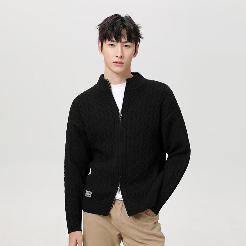 Mark Fairwhale Men's Stand Collar Zipper Cable Knit Cardigan
