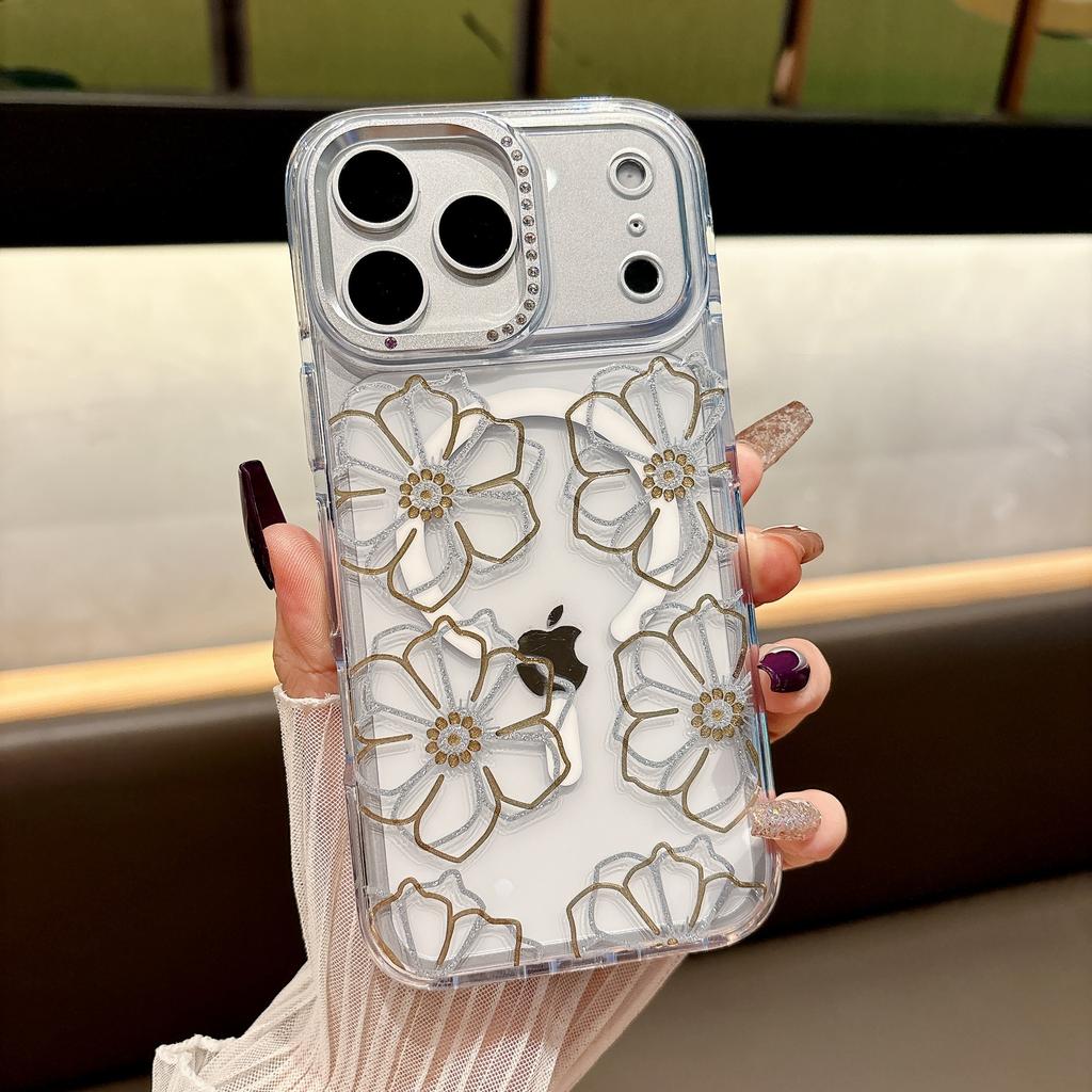 Applicable To Iphone16 Mobile Phone Case Diamond Lens Frame Apple 17 Transparent Magnetic Case Small Fresh Flower 15pro