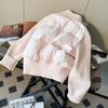Women Pink Short Puffer Jacket Knitted Sleeves Zip Up Winter Warm Coat Ribbed Hem