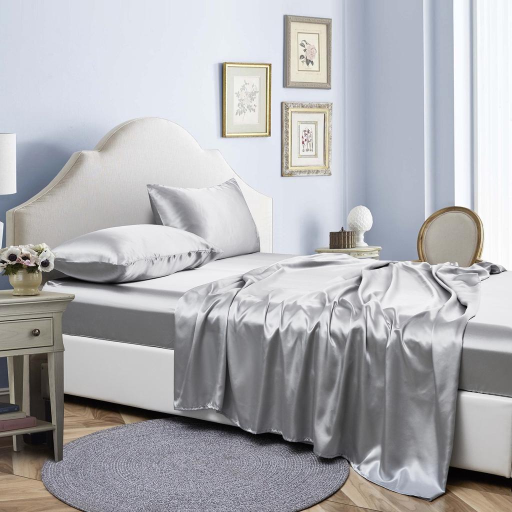 Vierteiliges Set aus einfarbigen, luxuriösen Bettlaken, Bettmütze und Kissenbezügen in 12 Farben