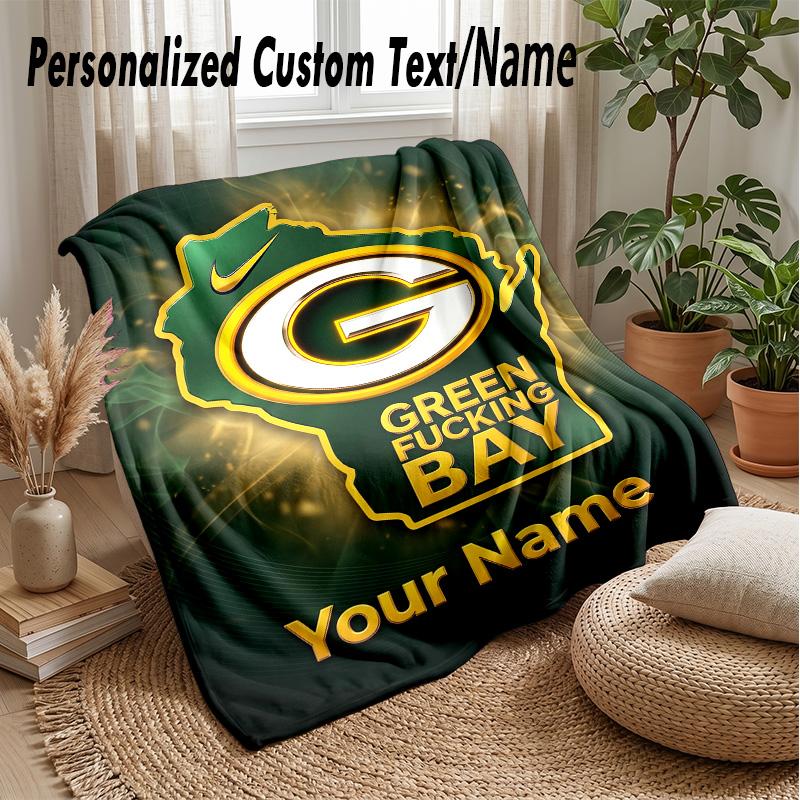 Green Bay Packers Custom Flannel Throw Blanket Print Your Name Text Soft Warm Blanket Holiday Present
