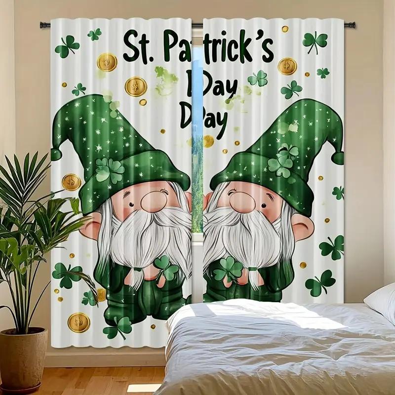 2pcs Whimsical St. Patrick's Day Gnome Printed Curtains, Designed for Light Filtering, Quality Material, Ideal for Holiday-Theme