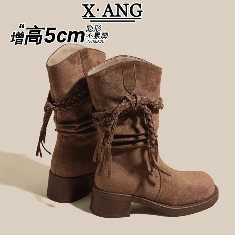 Wasteland Cowhide Edition Coarse Heel Knight Boots Women's Boots But Knee Western Cowboy Boots Tassel Pile Boots Martin Boots