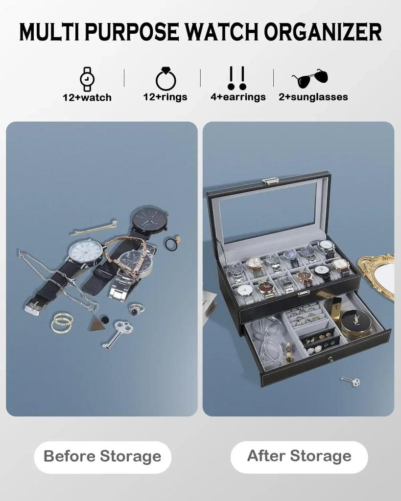 12 Slot PU Leather Lockable Watch Storage Boxes, Men & Women's Jewelry Display Drawer Case, 2-tier Organizer Watch Showcase